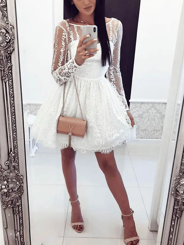A-line Scoop Neck Tulle Short/Mini Appliques Lace Prom Dresses #Favs020107366