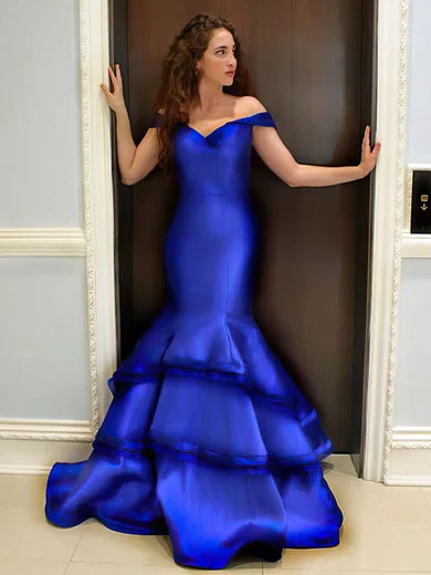 Trumpet/Mermaid Off-the-shoulder Satin Floor-length Tiered Prom Dresses #Favs020104417