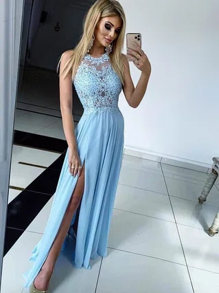 Sheath/Column Scoop Neck Chiffon Sweep Train Appliques Lace Prom Dresses #Favs020107370 Sheath/Column Scoop Neck Chiffon Sweep Train Appliques Lace Prom Dresses #Favs020107370