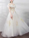 A-line Scoop Neck Tulle Floor-length Appliques Lace Prom Dresses #Favs020107372