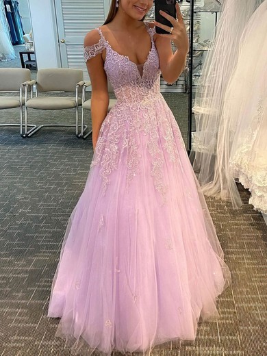 A-line V-neck Tulle Sweep Train Appliques Lace Prom Dresses #Favs020107376