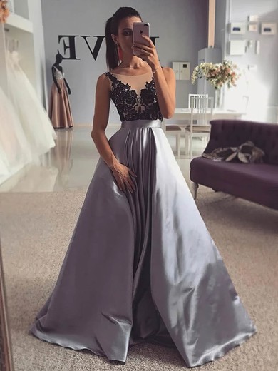 A-line Scoop Neck Silk-like Satin Sweep Train Appliques Lace Prom Dresses #Favs020107377