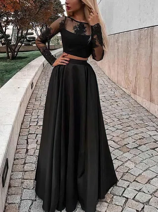 A-line Scoop Neck Satin Floor-length Appliques Lace Prom Dresses #Favs020107381 A-line Scoop Neck Satin Floor-length Appliques Lace Prom Dresses #Favs020107381