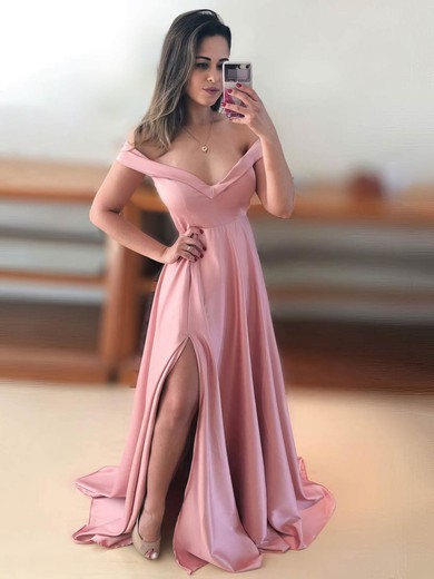 A-line Off-the-shoulder Silk-like Satin Sweep Train Split Front Prom Dresses #Favs020107384