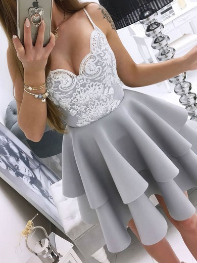 A-line V-neck Stretch Crepe Short/Mini Appliques Lace Short Prom Dresses #Favs020107387