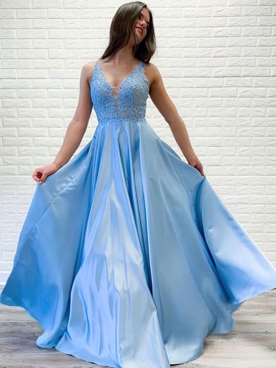 A-line V-neck Silk-like Satin Sweep Train Appliques Lace Prom Dresses #Favs020107390