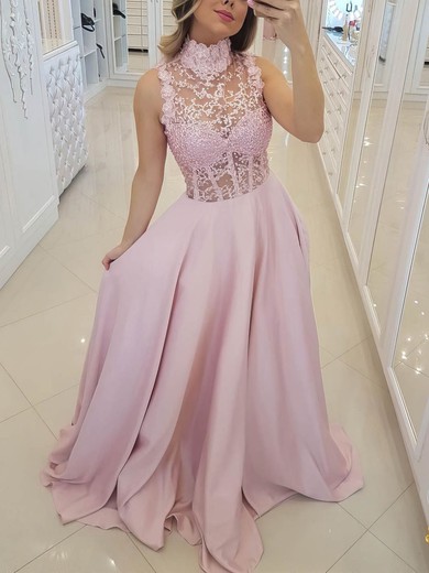 A-line High Neck Satin Sweep Train Beading Prom Dresses #Favs020107394