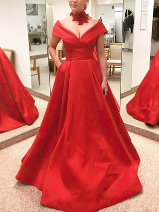 A-line Off-the-shoulder Satin Sweep Train Pockets Prom Dresses #Favs020107397 A-line Off-the-shoulder Satin Sweep Train Pockets Prom Dresses #Favs020107397