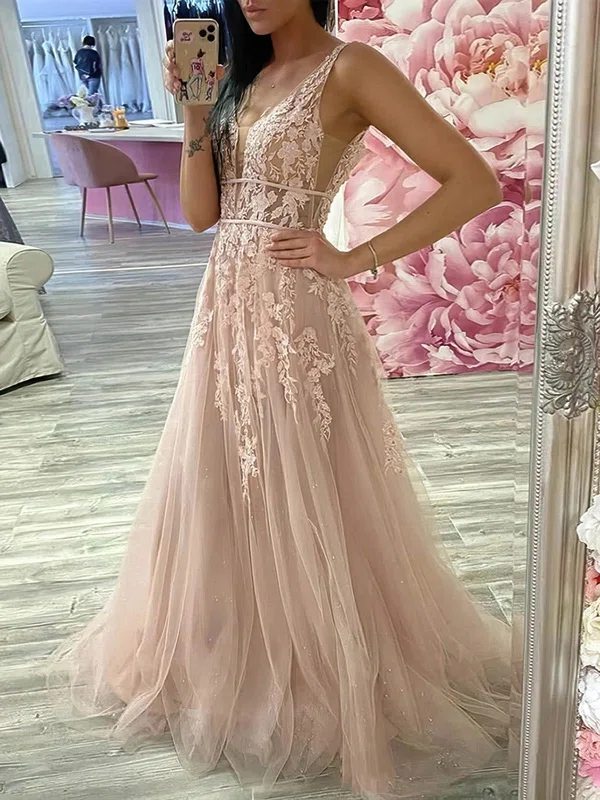 A-line V-neck Tulle Sweep Train Appliques Lace Prom Dresses #Favs020107403