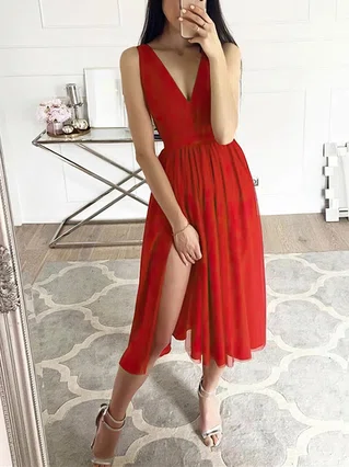 A-line V-neck Tulle Tea-length Split Front Prom Dresses #Favs020107405 A-line V-neck Tulle Tea-length Split Front Prom Dresses #Favs020107405