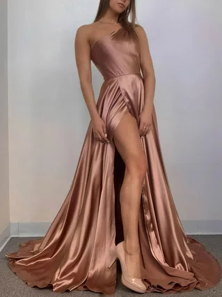 A-line One Shoulder Silk-like Satin Sweep Train Split Front Prom Dresses #Favs020107408 A-line One Shoulder Silk-like Satin Sweep Train Split Front Prom Dresses #Favs020107408