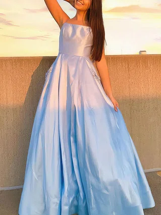 A-line Square Neckline Satin Sweep Train Beading Prom Dresses #Favs020107415 A-line Square Neckline Satin Sweep Train Beading Prom Dresses #Favs020107415