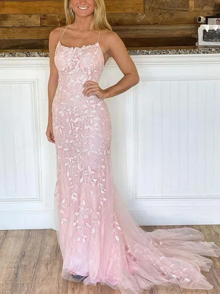 Trumpet/Mermaid Square Neckline Tulle Sweep Train Appliques Lace Prom Dresses #Favs020107416