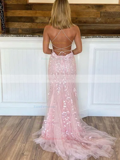 Trumpet/Mermaid Square Neckline Tulle Sweep Train Appliques Lace Prom Dresses #Favs020107416