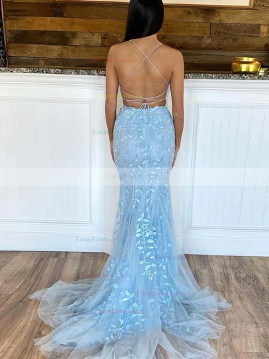 Trumpet/Mermaid Square Neckline Tulle Sweep Train Appliques Lace Prom Dresses #Favs020107417