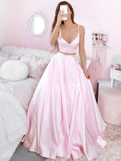 A-line V-neck Silk-like Satin Sweep Train Prom Dresses #Favs020107420
