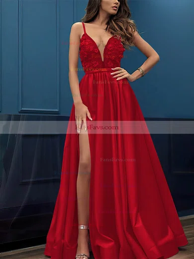 A-line V-neck Satin Sweep Train Appliques Lace Prom Dresses #Favs020107424