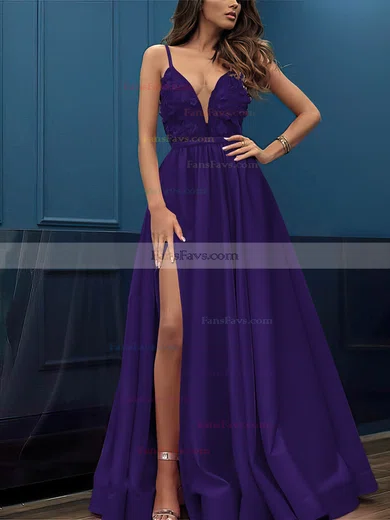 A-line V-neck Satin Sweep Train Appliques Lace Prom Dresses #Favs020107424