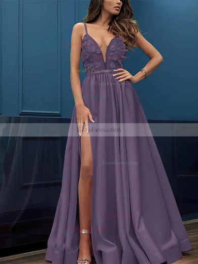 A-line V-neck Satin Sweep Train Appliques Lace Prom Dresses #Favs020107424