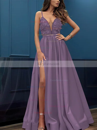 A-line V-neck Satin Sweep Train Appliques Lace Prom Dresses #Favs020107424