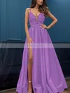 A-line V-neck Satin Sweep Train Appliques Lace Prom Dresses #Favs020107424