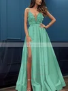 A-line V-neck Satin Sweep Train Appliques Lace Prom Dresses #Favs020107424