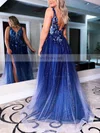 A-line V-neck Glitter Sweep Train Appliques Lace Prom Dresses #Favs020107427
