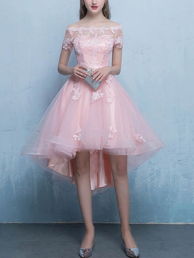 A-line Off-the-shoulder Tulle Asymmetrical Appliques Lace Prom Dresses #Favs020107434