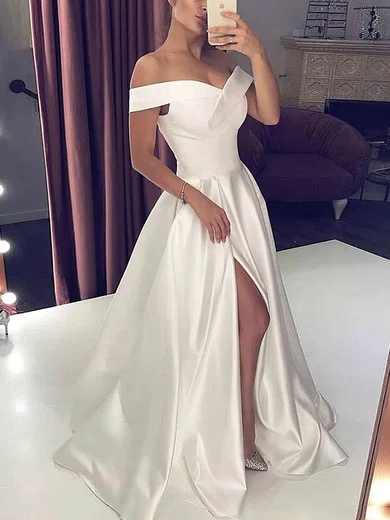 A-line Off-the-shoulder Satin Sweep Train Split Front Prom Dresses #Favs020107435