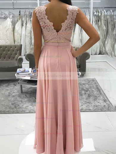 A-line V-neck Chiffon Floor-length Appliques Lace Prom Dresses #Favs020107438