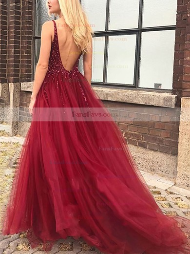 A-line V-neck Tulle Sweep Train Split Front Prom Dresses #Favs020107439