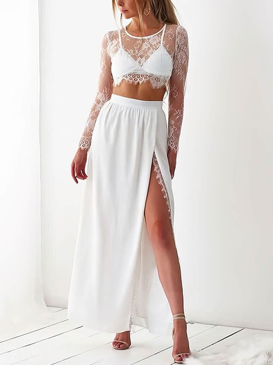 A-line Scoop Neck Lace Satin Floor-length Split Front Prom Dresses #Favs020107441