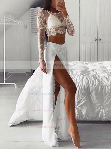 A-line Floor-length Scoop Neck Lace Chiffon Long Sleeves Split Front Prom Dresses #Favs020107441