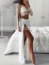 A-line Floor-length Scoop Neck Lace Chiffon Long Sleeves Split Front Prom Dresses #Favs020107441