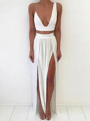 A-line V-neck Chiffon Floor-length Split Front Prom Dresses #Favs020107445