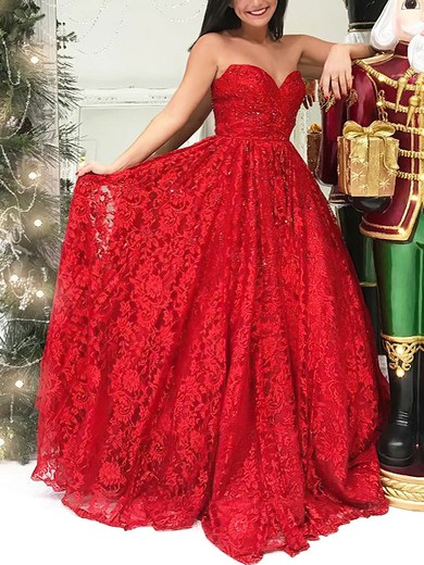 A-line Sweetheart Lace Sweep Train Beading Prom Dresses #Favs020107448