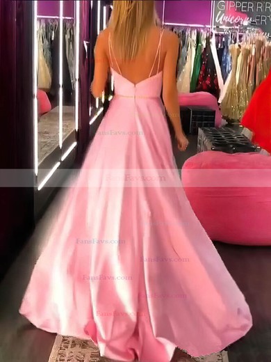 A-line V-neck Silk-like Satin Sweep Train Split Front Prom Dresses #Favs020107453