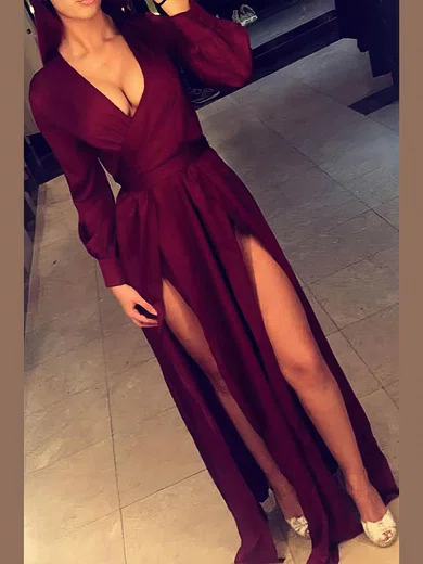 A-line V-neck Silk-like Satin Floor-length Split Front Prom Dresses #Favs020107456