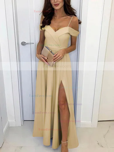 A-line Off-the-shoulder Silk-like Satin Sweep Train Split Front Prom Dresses #Favs020107461