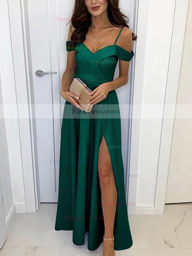A-line Off-the-shoulder Silk-like Satin Sweep Train Split Front Prom Dresses #Favs020107461