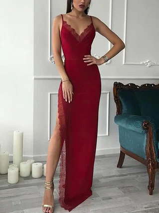 Sheath/Column V-neck Silk-like Satin Floor-length Lace Prom Dresses #Favs020107462 Sheath/Column V-neck Silk-like Satin Floor-length Lace Prom Dresses #Favs020107462