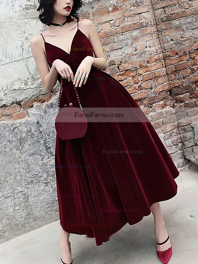 A-line V-neck Velvet Tea-length Prom Dresses #Favs020107468
