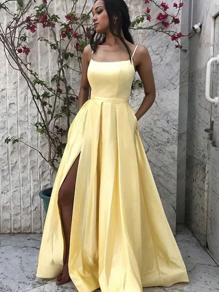 A-line Square Neckline Satin Sweep Train Pockets Prom Dresses #Favs020107469 A-line Square Neckline Satin Sweep Train Pockets Prom Dresses #Favs020107469