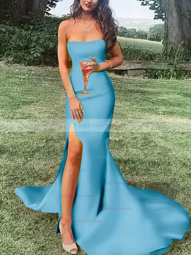 Sheath/Column Strapless Satin Sweep Train Split Front Prom Dresses #Favs020107470