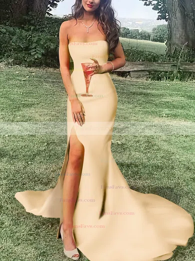 Sheath/Column Strapless Satin Sweep Train Split Front Prom Dresses #Favs020107470