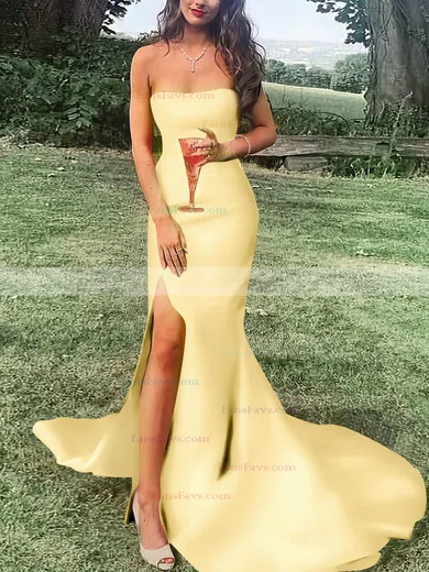 Sheath/Column Strapless Satin Sweep Train Split Front Prom Dresses #Favs020107470