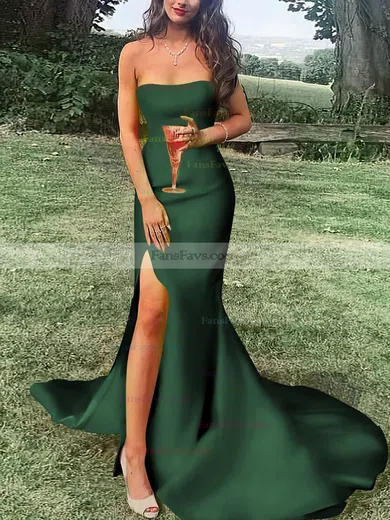 Sheath/Column Strapless Satin Sweep Train Split Front Prom Dresses #Favs020107470