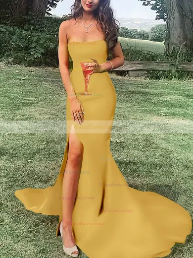 Sheath/Column Strapless Satin Sweep Train Split Front Prom Dresses #Favs020107470