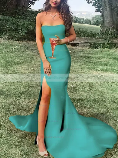 Sheath/Column Strapless Satin Sweep Train Split Front Prom Dresses #Favs020107470