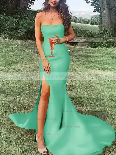 Sheath/Column Strapless Satin Sweep Train Split Front Prom Dresses #Favs020107470
